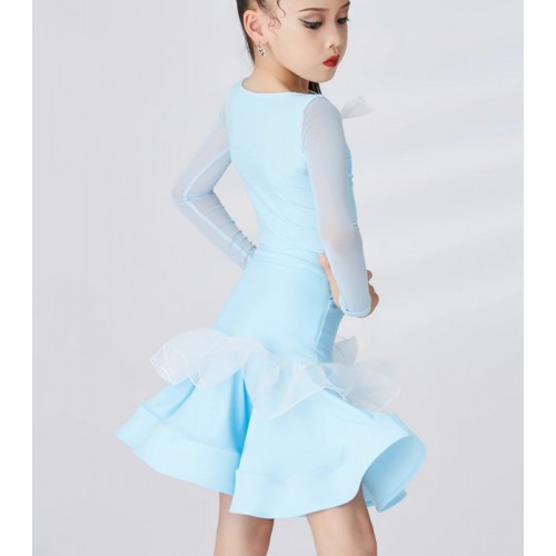 Light blue latin ballroom dance dresses with ruffles for girls kids salsa rumba chacha performance costumes modern dance outfits for kids 